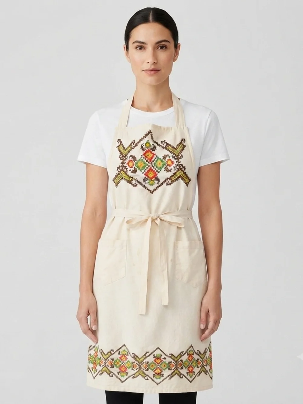 Vintage Handmade Cross Stitch Folk Art Floral Apron Cottagecore Retro Pockets